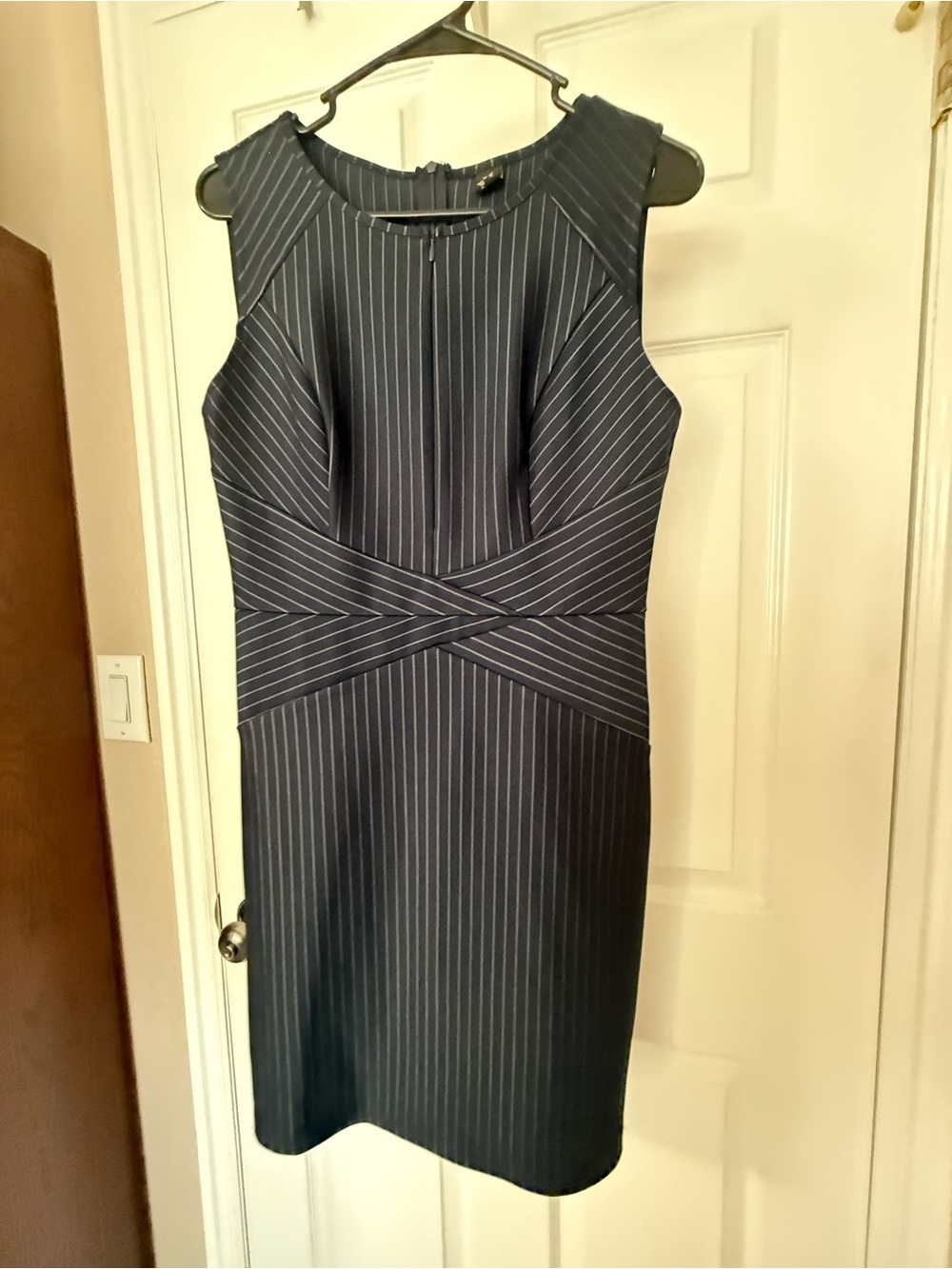 Classic Navy Pinstripe Sheath Dress